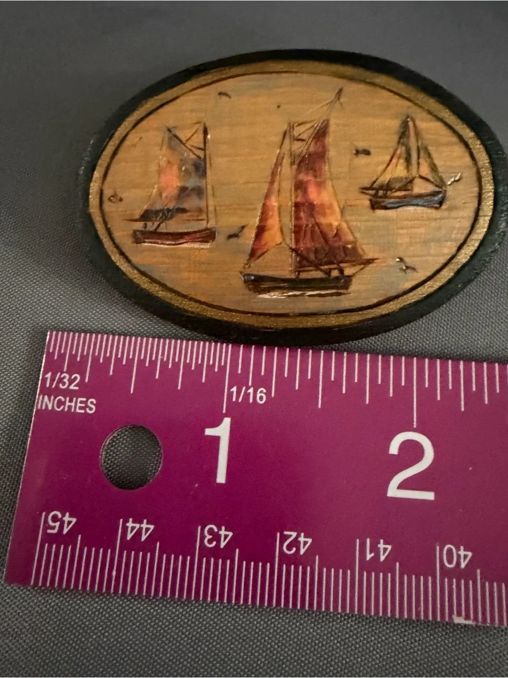 Hand-Painted Sailboat Brooch in Gold and Brown Tones